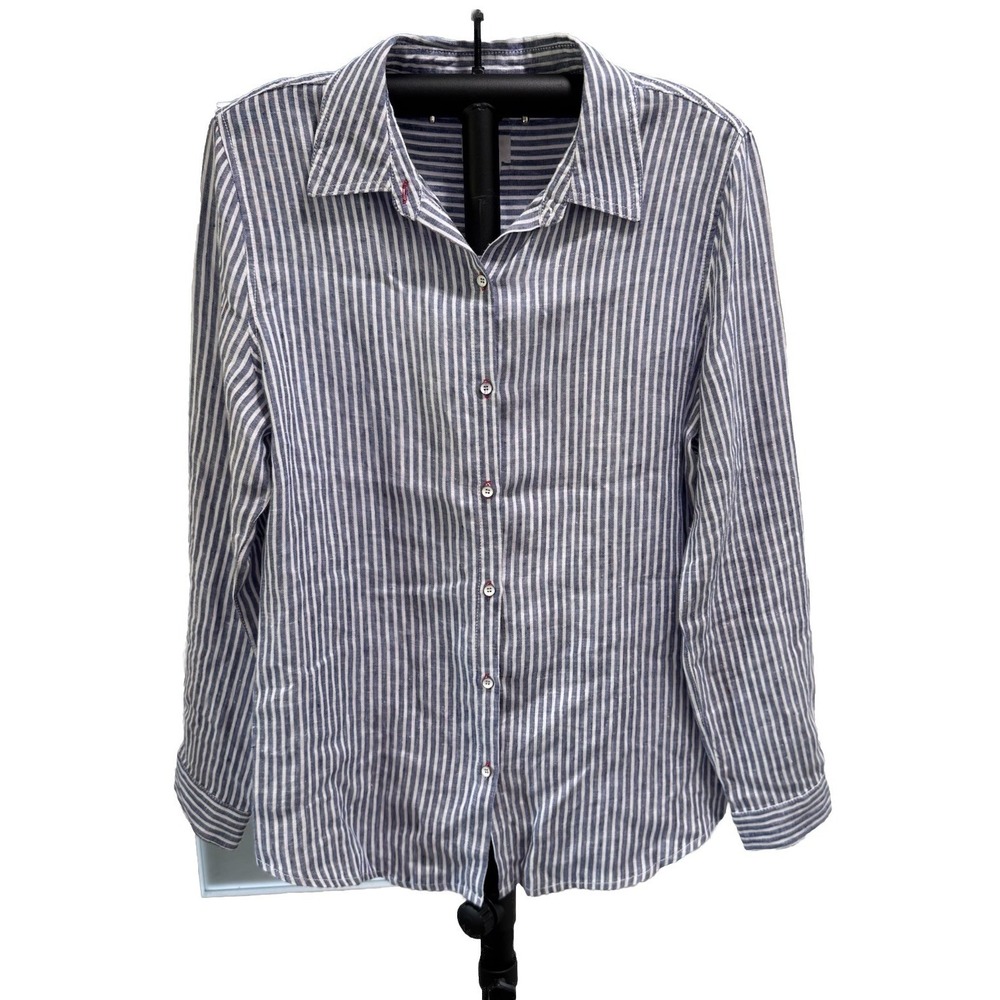 Sigrid Olsen Womens M Blue White Striped Long Sleeve 100% Linen Shirt‎ Blouse